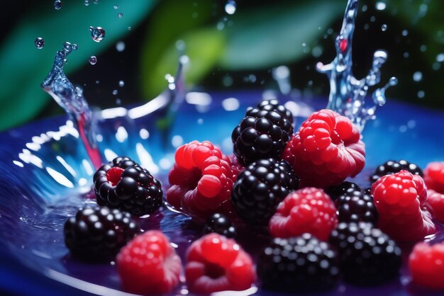 Photo splashed blackberry in water colored natural background close up