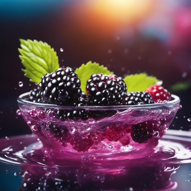 Photo splashed blackberry in water colored natural background close up