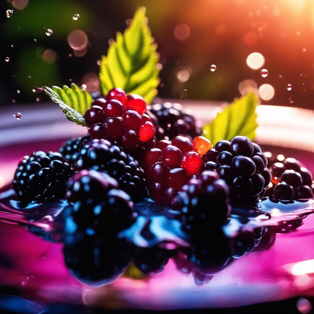 Photo splashed blackberry in water colored natural background close up