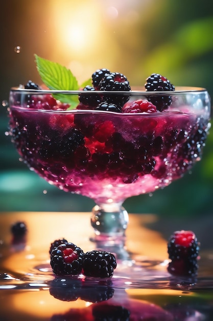 Photo splashed blackberry in water colored natural background close up