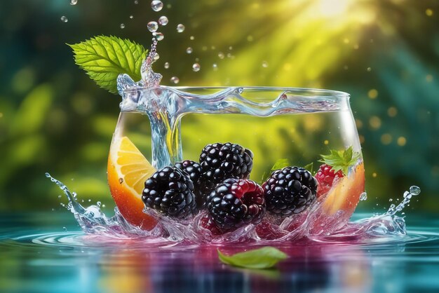 брызги Blackberry на естественном фоне цвета воды крупным планом