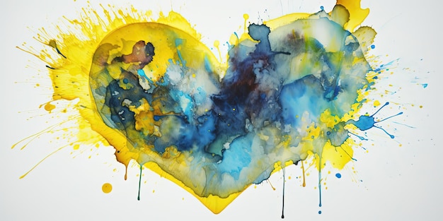 Splashes of blue and yellow paint in the shape of a heart