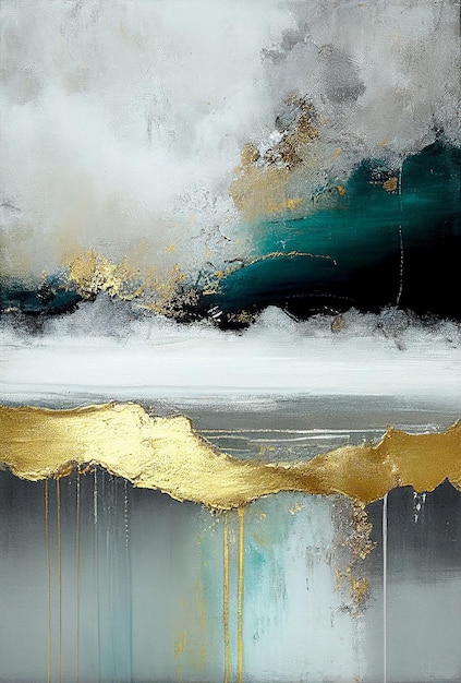 Splashes of bright paint on the canvas Landscape Gold black blue and gray colors Interior painting Beautiful background Generative AI