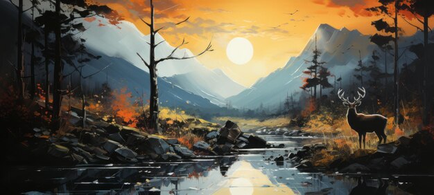 キャンバスの山の森の明るい絵の具の飛沫金色の太陽と金色の鹿のある風景