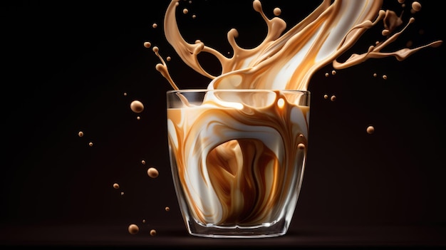 Splashes and bursts of hot flavoured coffee with steam smoke in a white cup on a dark background Created with Generative AI technology