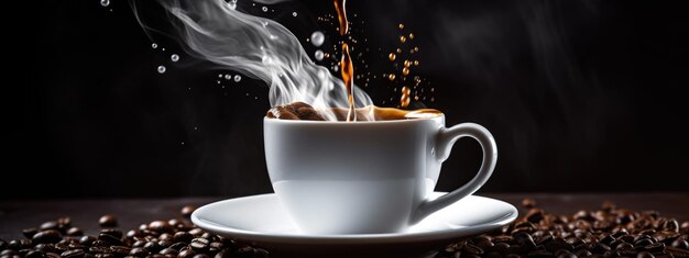 Брызги и всплески горячего ароматного кофе с паровым дымом в белой чашке на темном фоне Создано с помощью технологии генеративного ИИ