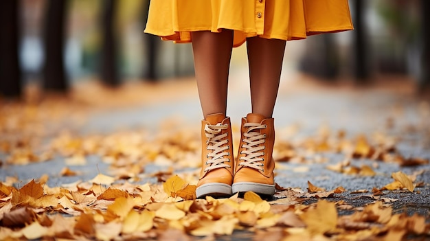 오렌지색 신발 을 입은 색 의 여자 가 활기찬 배경 에 서 있는 모습