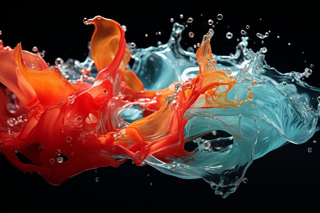 Photo splashes of colored water on a black background blue and red water