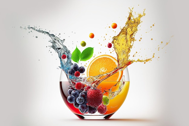 splashes composition of fruits and glasses of juice isolated on white background ,ai generated