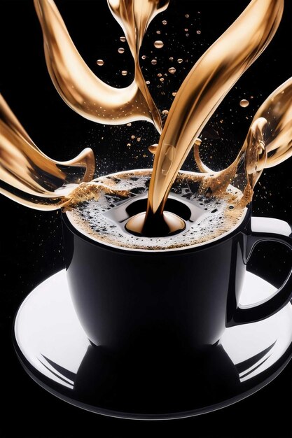 검은 컵에서 향기로운 커피가 튀는다