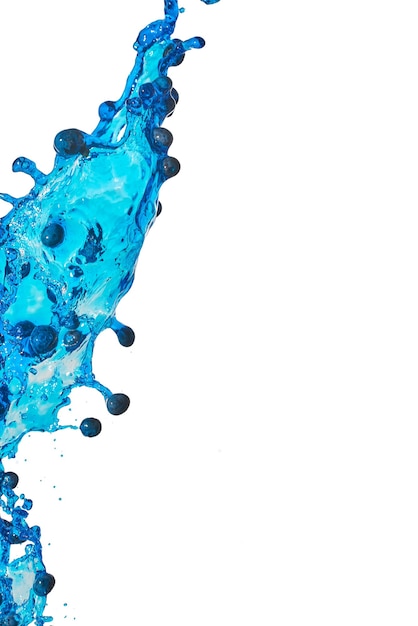 Splashes of juice and blueberries on a white background Isolated splashes of water with blueberries