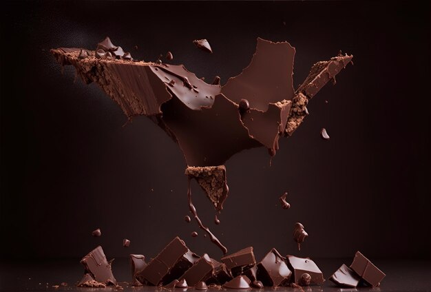 Splashes of liquid chocolate with drops and splash pattern on a dark background Generative AI