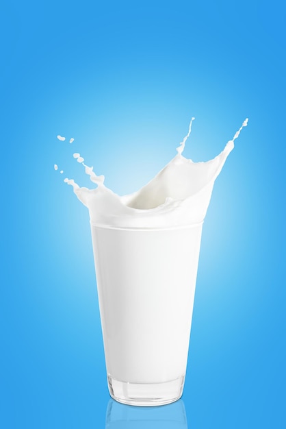 splashes of milk from the glass on blue background Big glass of milk