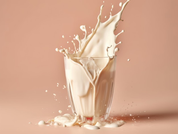 Splashes of milk in a glass on beige background