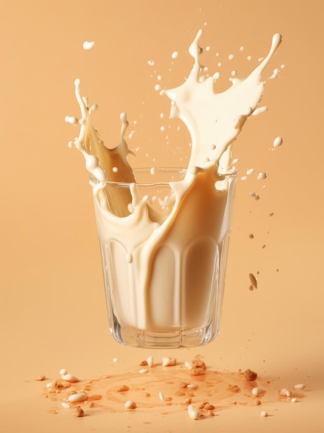 Splashes of milk in a glass on beige background