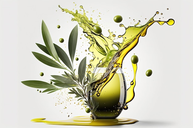 Брызги оливкового масла на белом фоне создают динамичную и абстрактную композицию Генерация AI