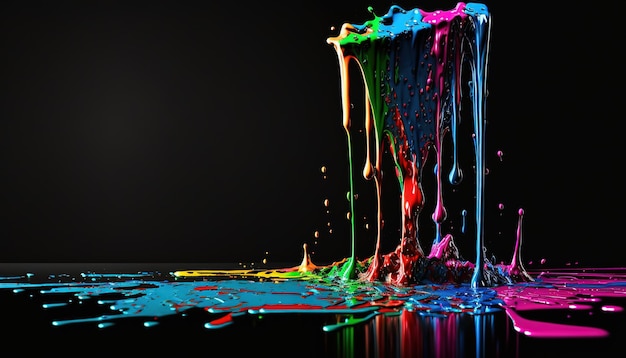 Splashes of paint on a black smooth reflective backgroundGenerative AI