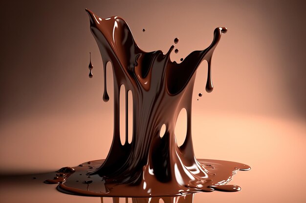 Splashes of pouring chocolate on a dark chocolate backdrop