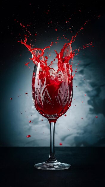 Splashes of red juice fly around crystal wineglass standing in dark space