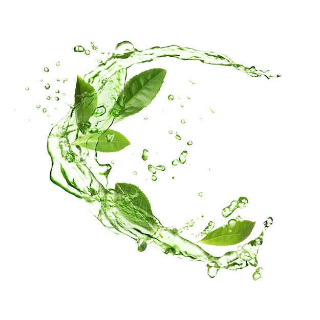 splashes of refreshing drink with leaves on white background green or matcha tea