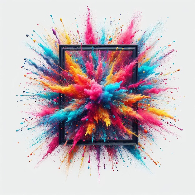 splashing colorful powder on frame on white background ai generative