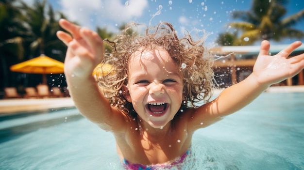 Splashing in Paradise Enchanting Summer Fun met een schattig krullend meisje in een tropisch resort
