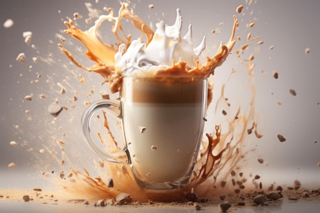 Splashing of latte coffee in glass cup Generative AI illustration