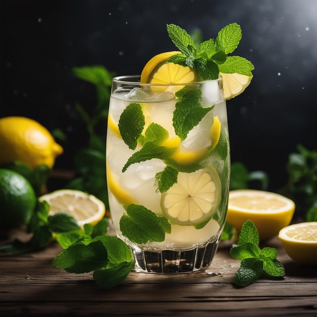 splashing lemonade with mint and lemons on the wooden table isolated on a black