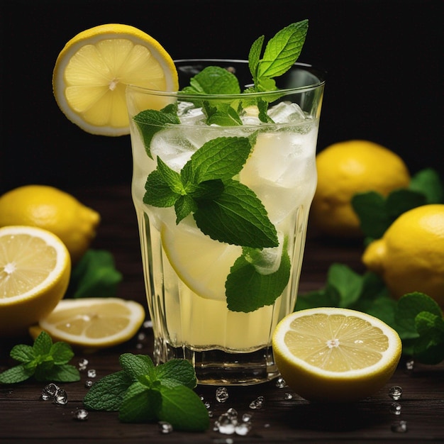 splashing lemonade with mint and lemons on the wooden table isolated on a black