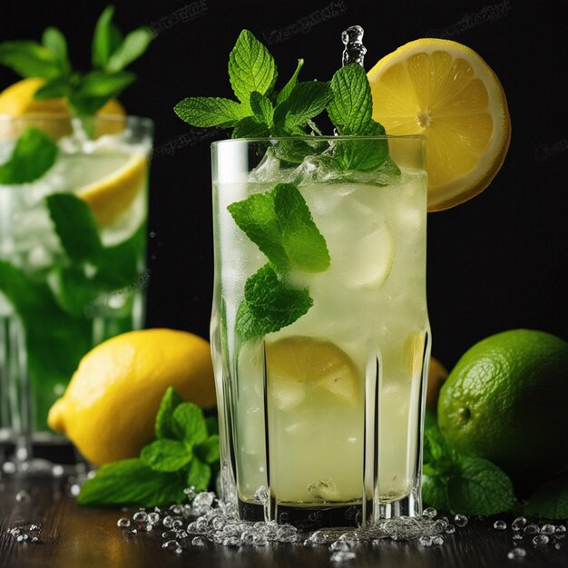 Splashing lemonade with mint and lemons on the wooden table isolated on a black