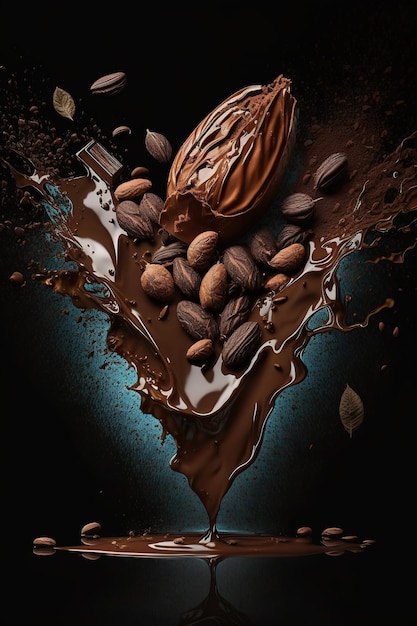 Брызги и левитация кусочков шоколада и конфет на черном фоне