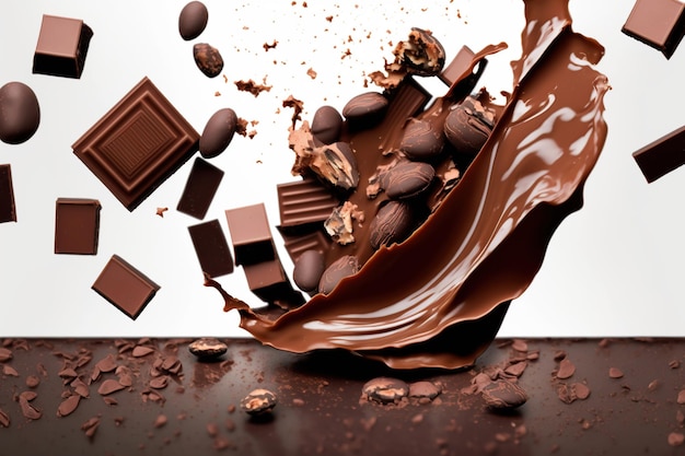 Splashing and levitation chocolate pieces and candies