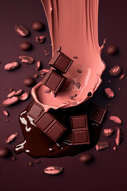Брызги и левитация кусочков розового шоколада и конфет на розовом фоне измельченного какао-порошка рожкового дерева или какао-бобов