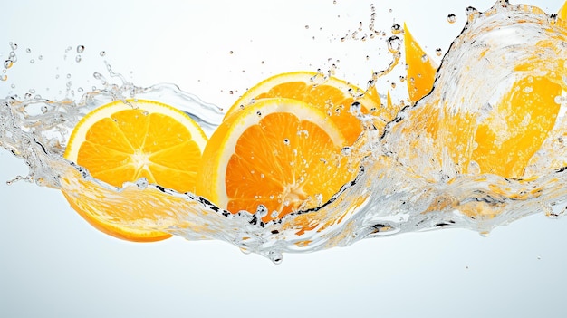 Photo splashing orange slice on white background