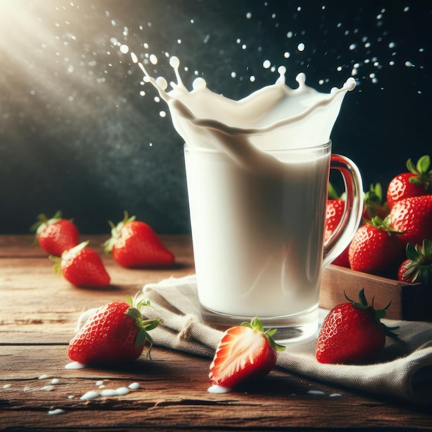 Photo splashing out of a bowl of strawberries on a wooden table behind the table there is a cow standing