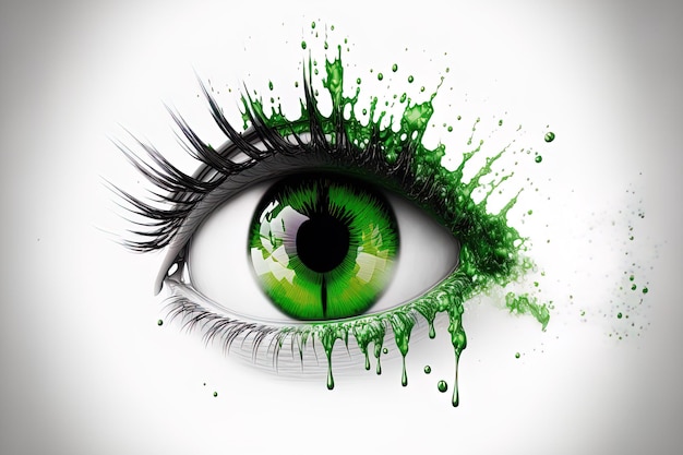 A splashy green human eye on a white background