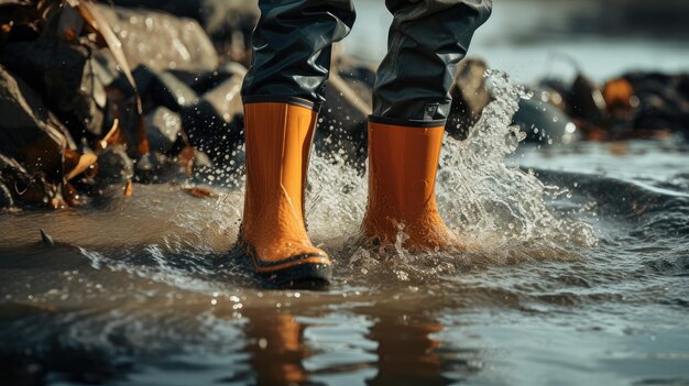 Photo splashy style picture rubber boots in the water making a splash stocks that redefine wet weather fashion and the thrill of outdoor water play