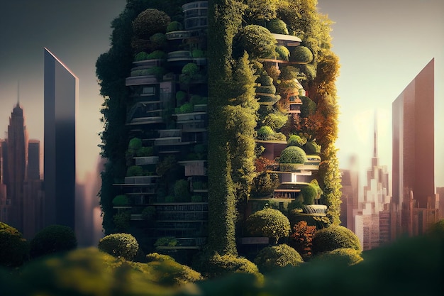 Splendid city covered with green trees and plant Digital art Generative AI