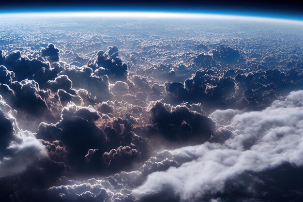 Фото Великолепный облачный пейзаж над земной атмосферой со звездным пространством на горизонте
