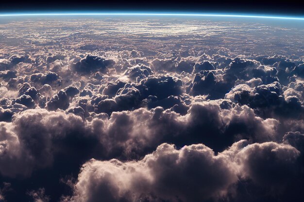 사진 수평선에 별이 빛나는 공간이 있는 지구의 대기 위의 화려한 클라우드스케이프