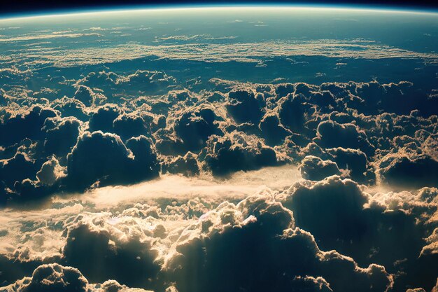 Великолепный облачный пейзаж над земной атмосферой со звездным пространством на горизонте