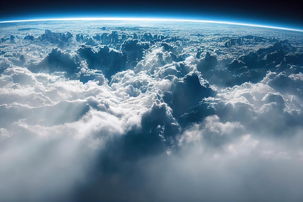 Splendid cloudscape above earth's atmosphere with starry space at horizon