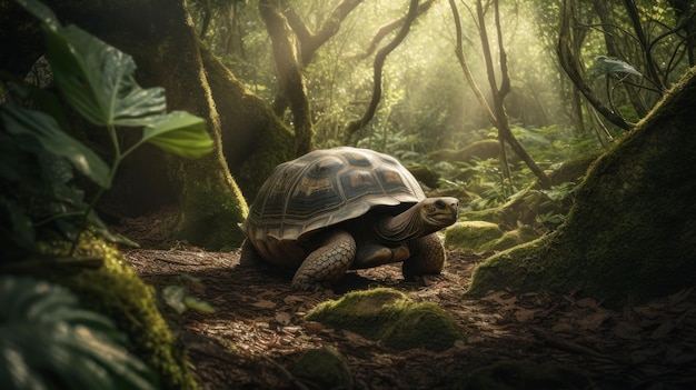 A splendid Galapagos Tortoise leisurely strolling through a rich tropical jungle