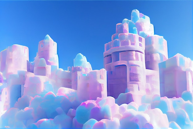 Splendid ice floating castle for fairy tale princess in the sky kingdom with beautiful cloudscape in digital art 3d illustration fantasy dreamlike ice texture sky castle