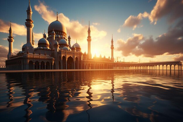 太陽 の 昇る とき の 壮大な モスク の 玄関