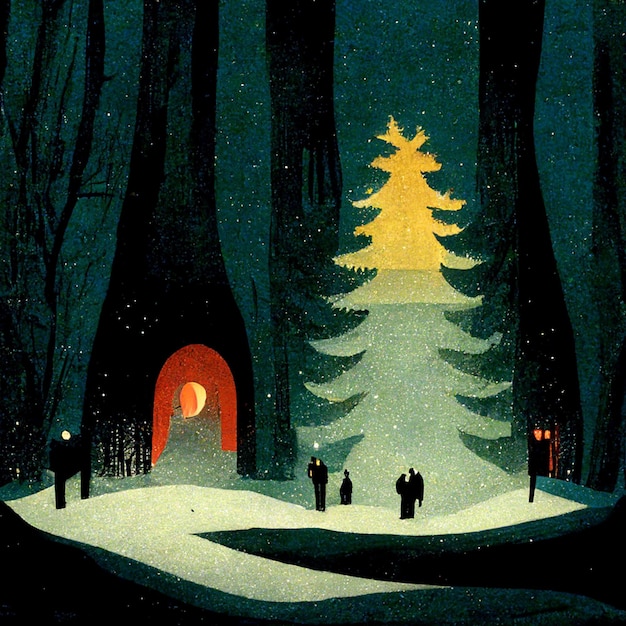 Великолепный вид на заснеженные ели морозным вечером Сказочная природа цифровая иллюстрация