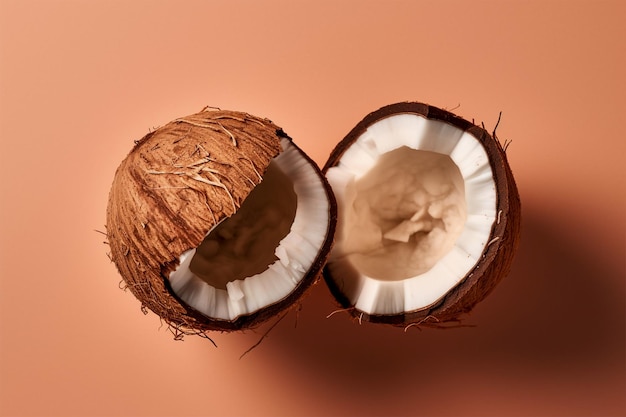 Split coconut on beige pastel isolated background