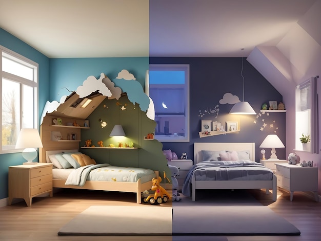 split comparison view of different old vs new renovated kids bedroom day vs night timeline