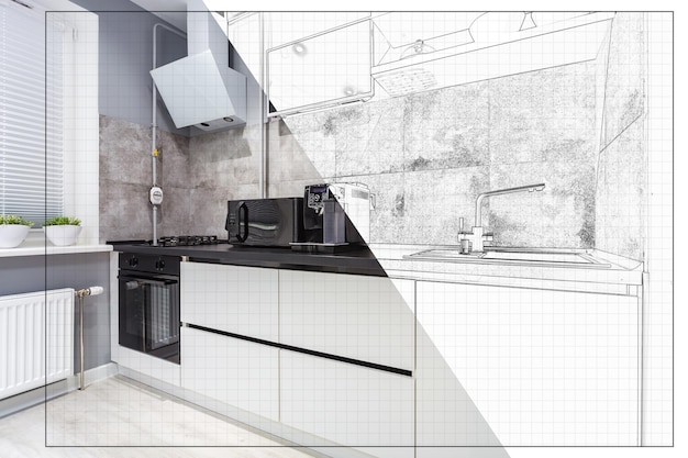 Split screen of drawing and photo of interior of modern kitchen
in flat apartment from idea to implementation of the finished
product