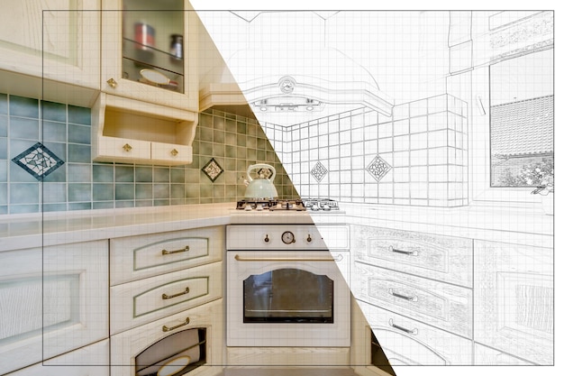 完成品のアイデアから実装まで、フラット アパートメントのモダンなキッチンのインテリアの図面と写真の分割画面